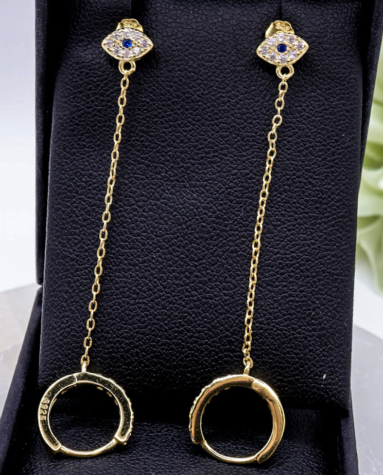Evil Eye Double Stud Hoop Chain Earrings | .925 Sterling Silver