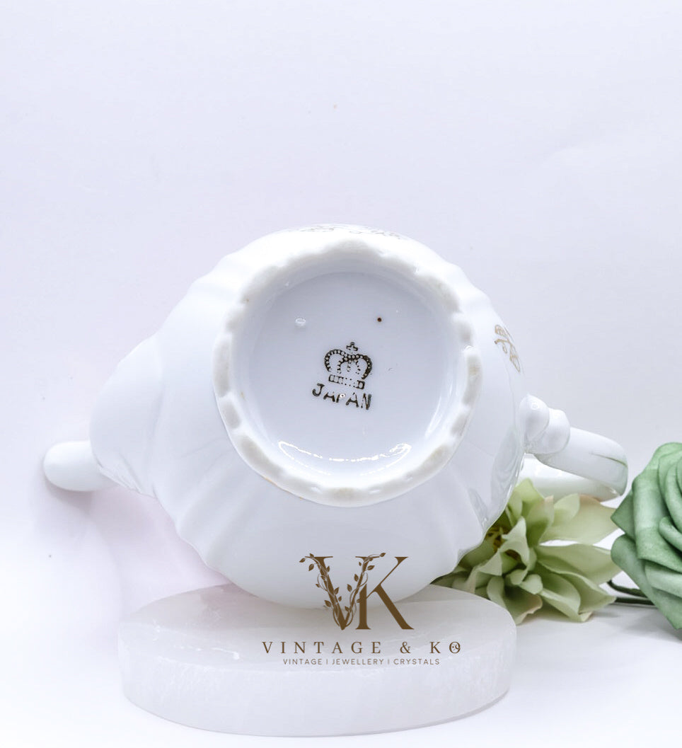 Vintage Pink & White Hand-Painted Porcelain Teapot with Gold Accents – Victorian