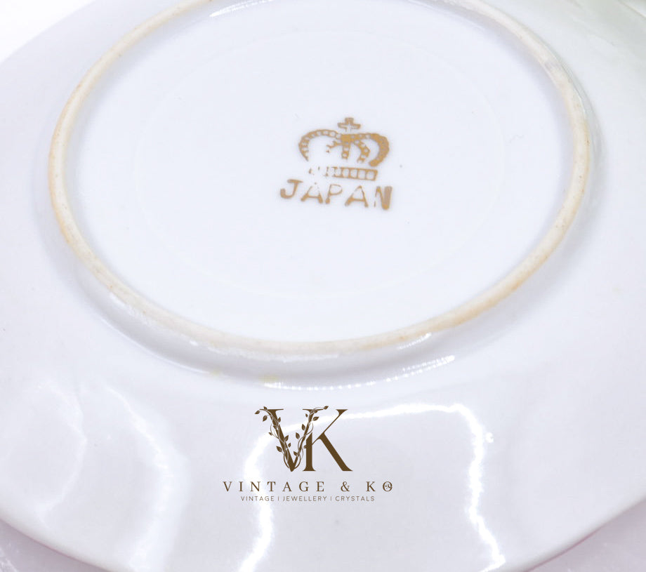 Set of 2 Japanese Victorian Pink & White Tea Cups and Saucers with Gold Trim