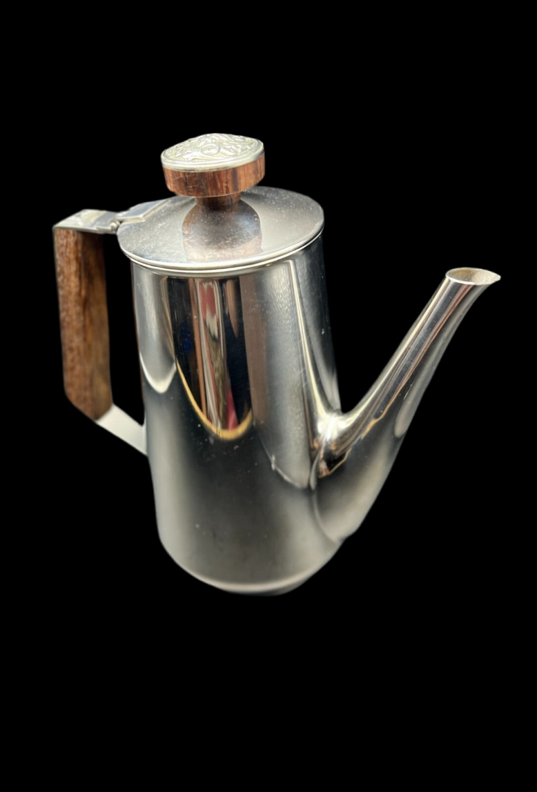 18/10 Stamped Stainless Steel Coffee Pot, Vintage Lucky Wood Florence
