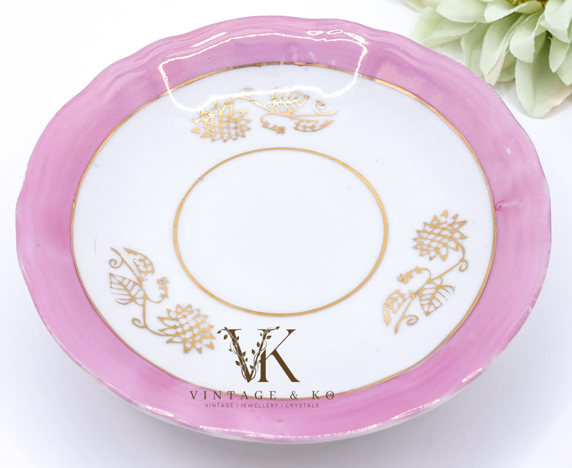 Set of 2 Japanese Victorian Pink & White Tea Cups and Saucers with Gold Trim