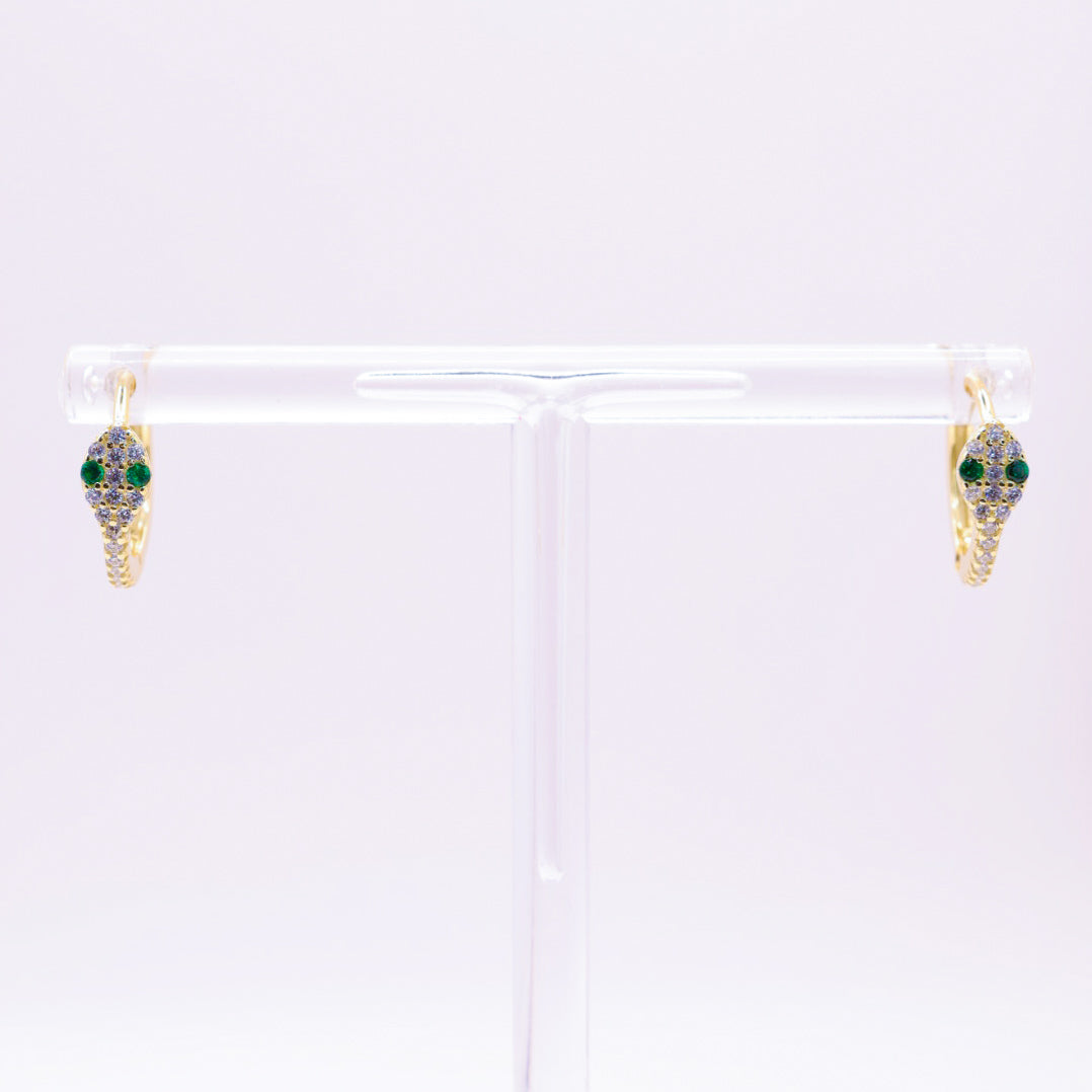 925 Gold Sterling Silver Green Stone Snake Small Hoops with CZ