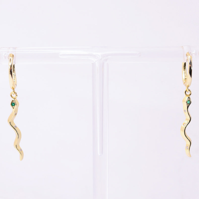 925 Gold Sterling Silver Green Eyed Dangle Snake Small Hoops