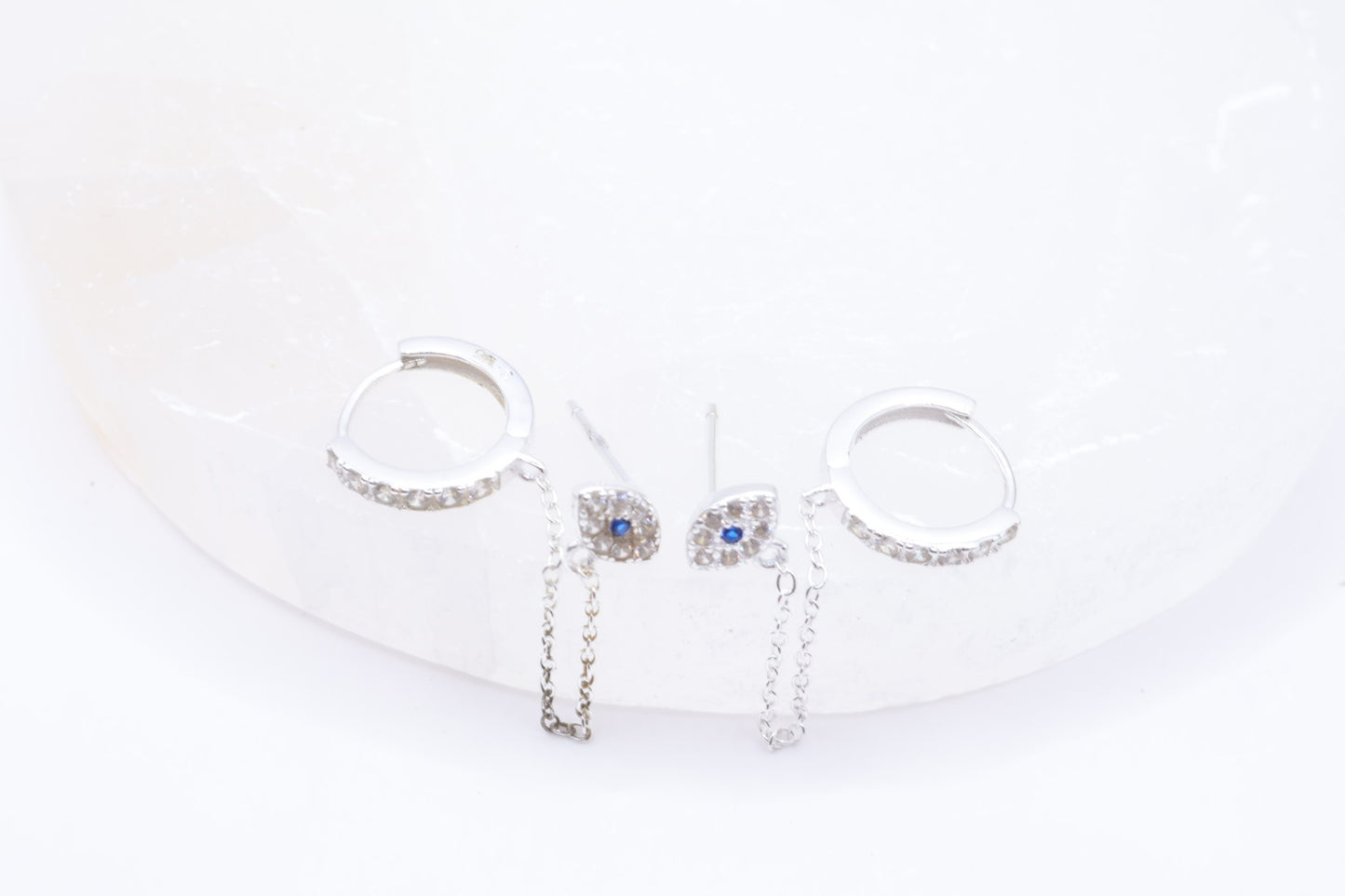 Evil Eye Double Stud Hoop Chain Earrings | .925 Sterling Silver