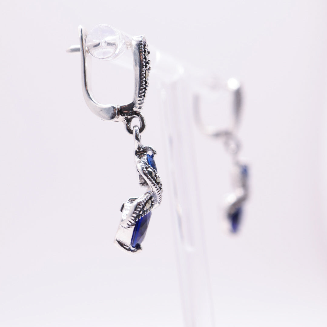 925 Sterling Silver Marcasite & Sapphire Blue Stud Earrings