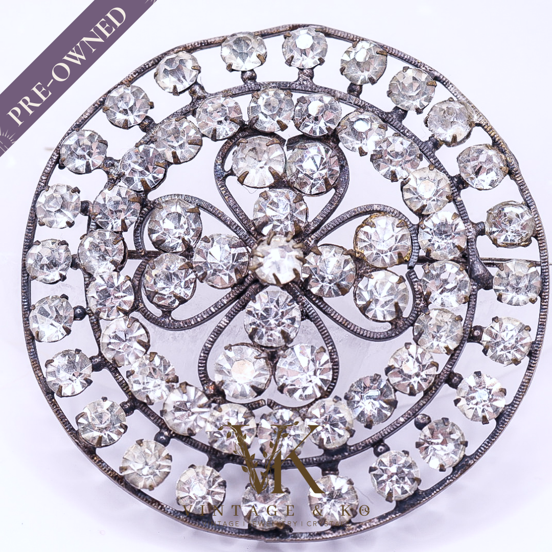 Vintage Round Clover Shaped Brooch With Clear Stones - Stamped Gilt
