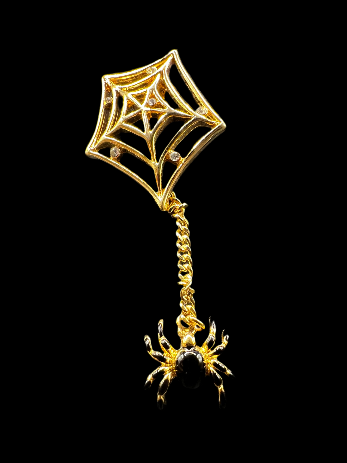 Gold and Black Spiderweb Brooch with Dangling Spider