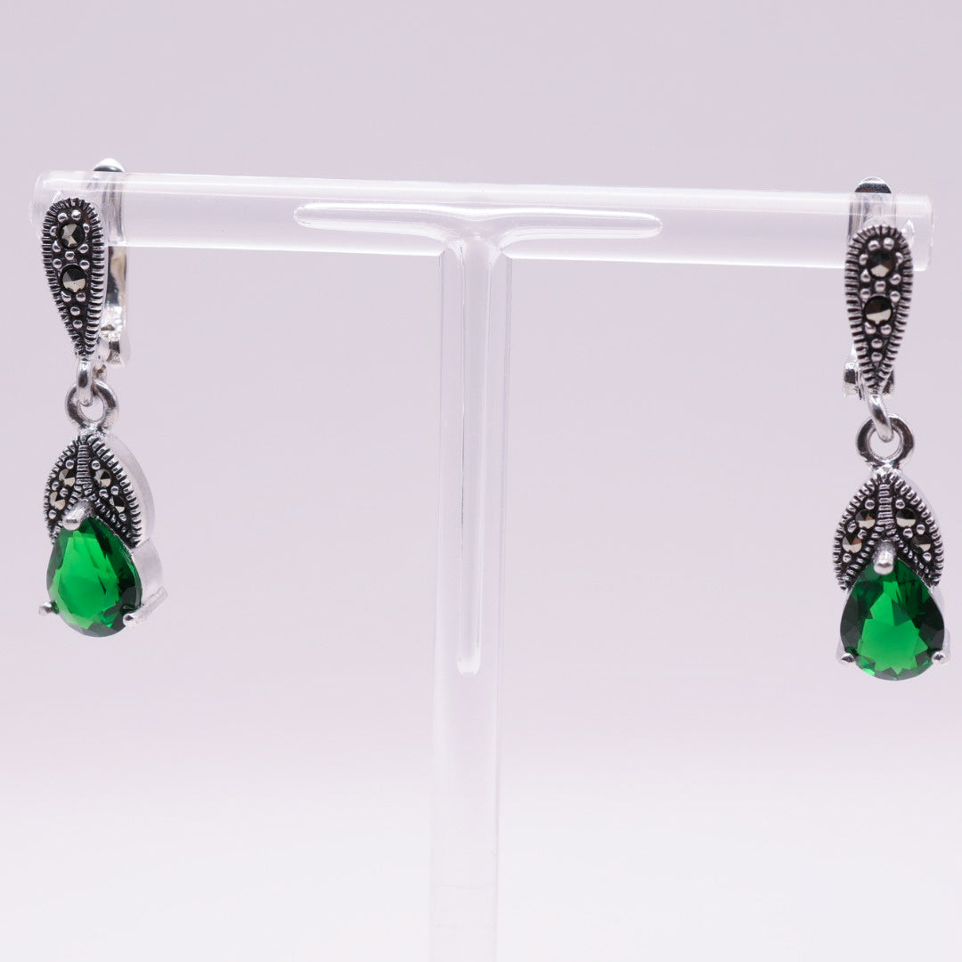 925 Sterling Silver Marcasite Emerald Green Drop Stud Earrings