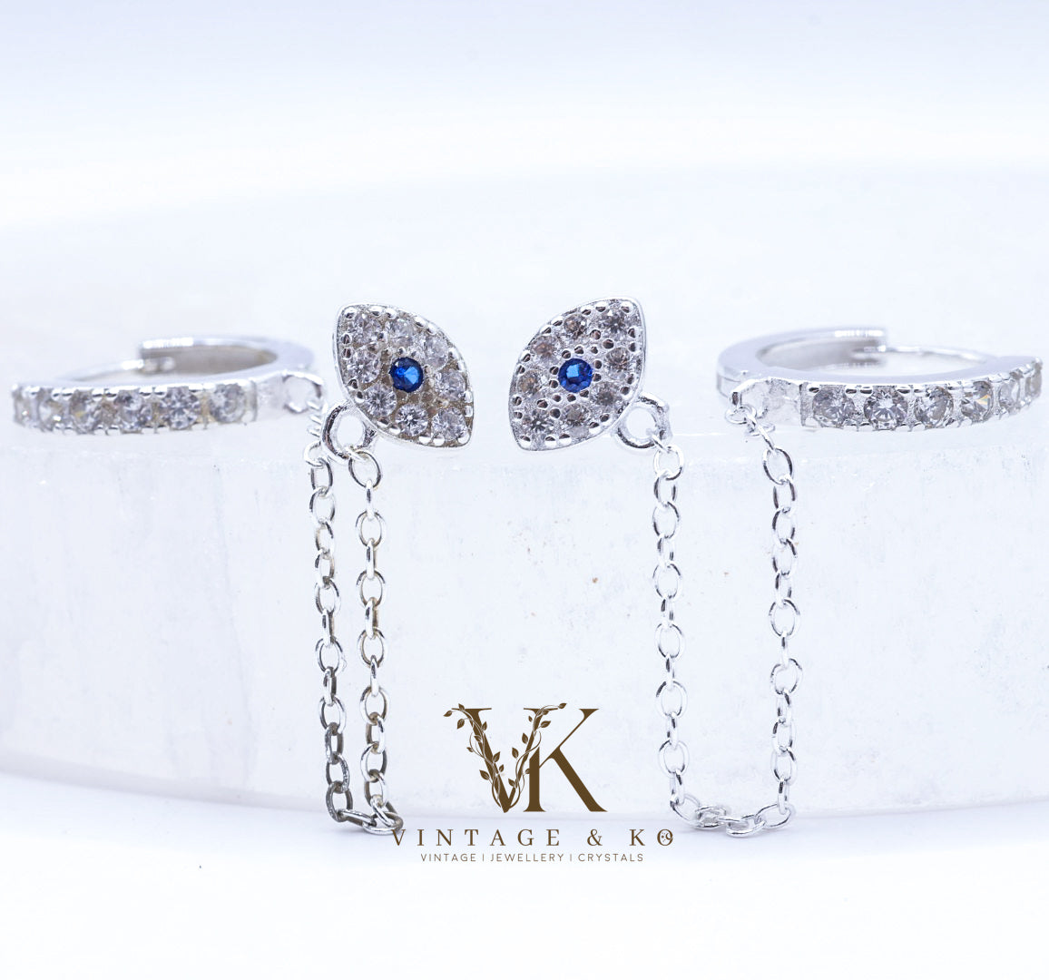 Evil Eye Double Stud Hoop Chain Earrings | .925 Sterling Silver