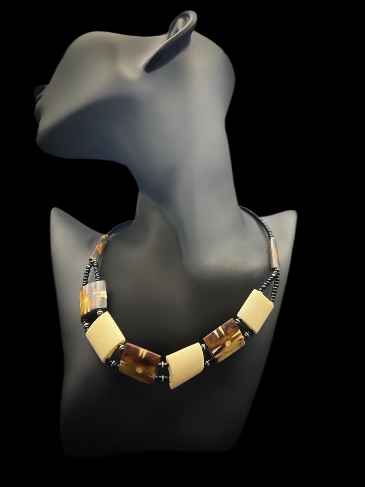 African Handcrafted Tribal Necklace with Beads, Carved Costume Jewellery