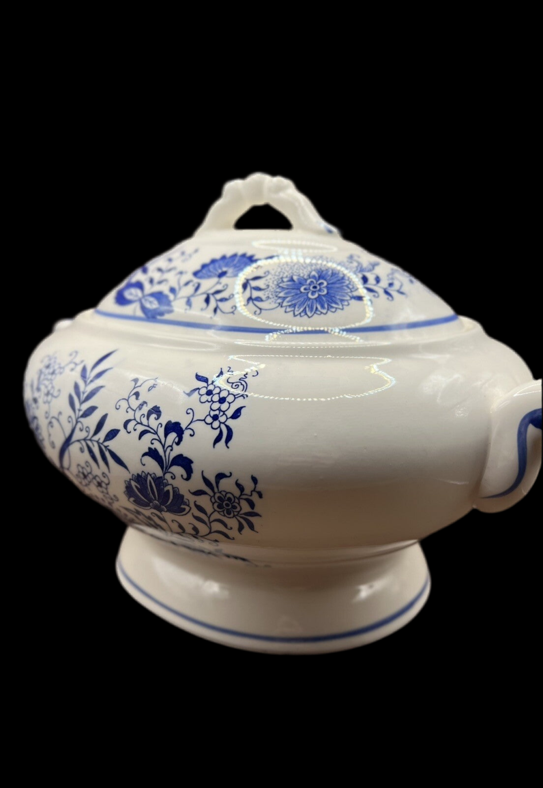 Vintage Floral Tureen Japanese Yanodento Glazed Blue & White with Large Ladle
