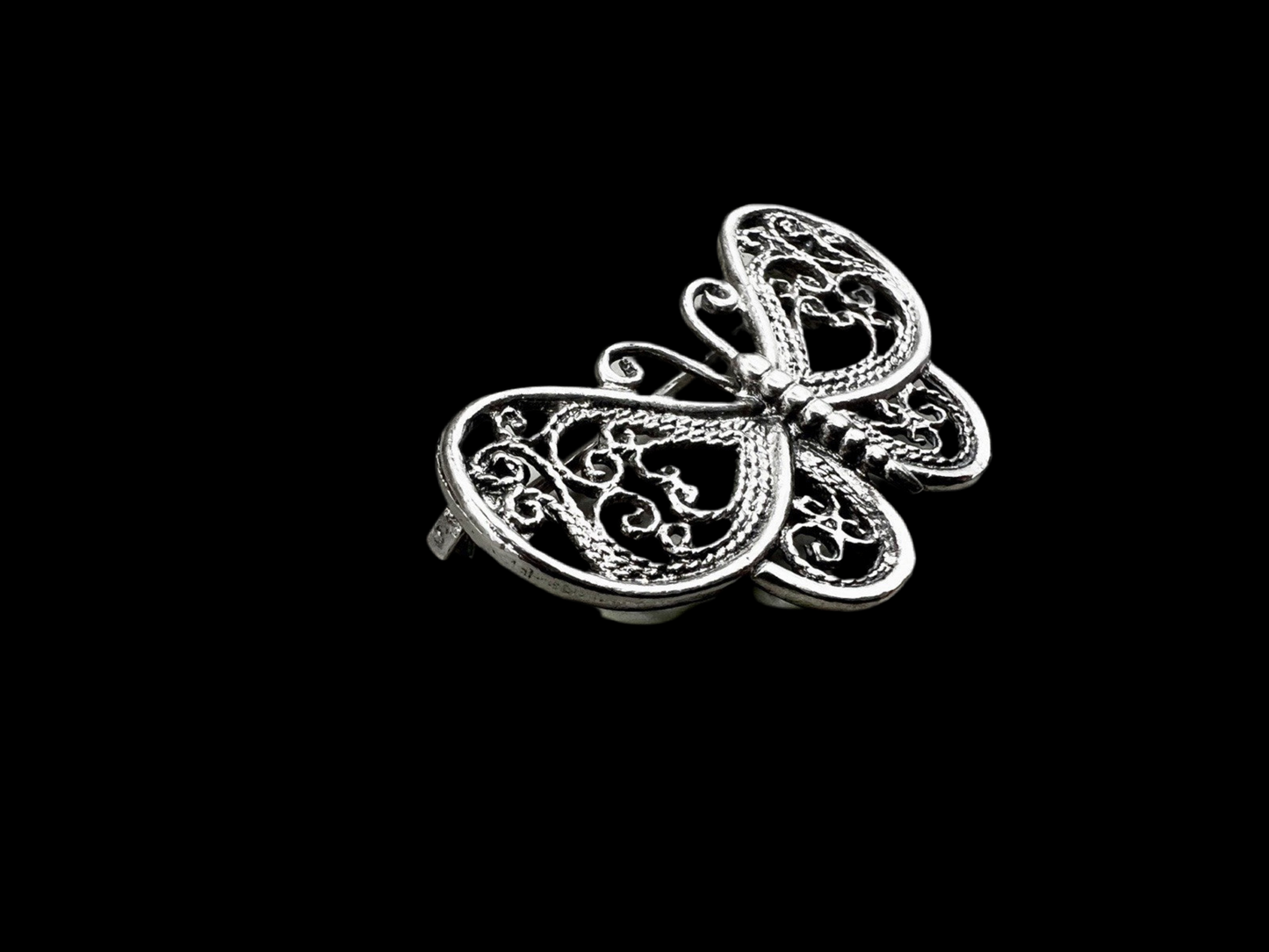Rare Vintage Brooch 1940s Filigree Silver Butterfly - In Wooden Box