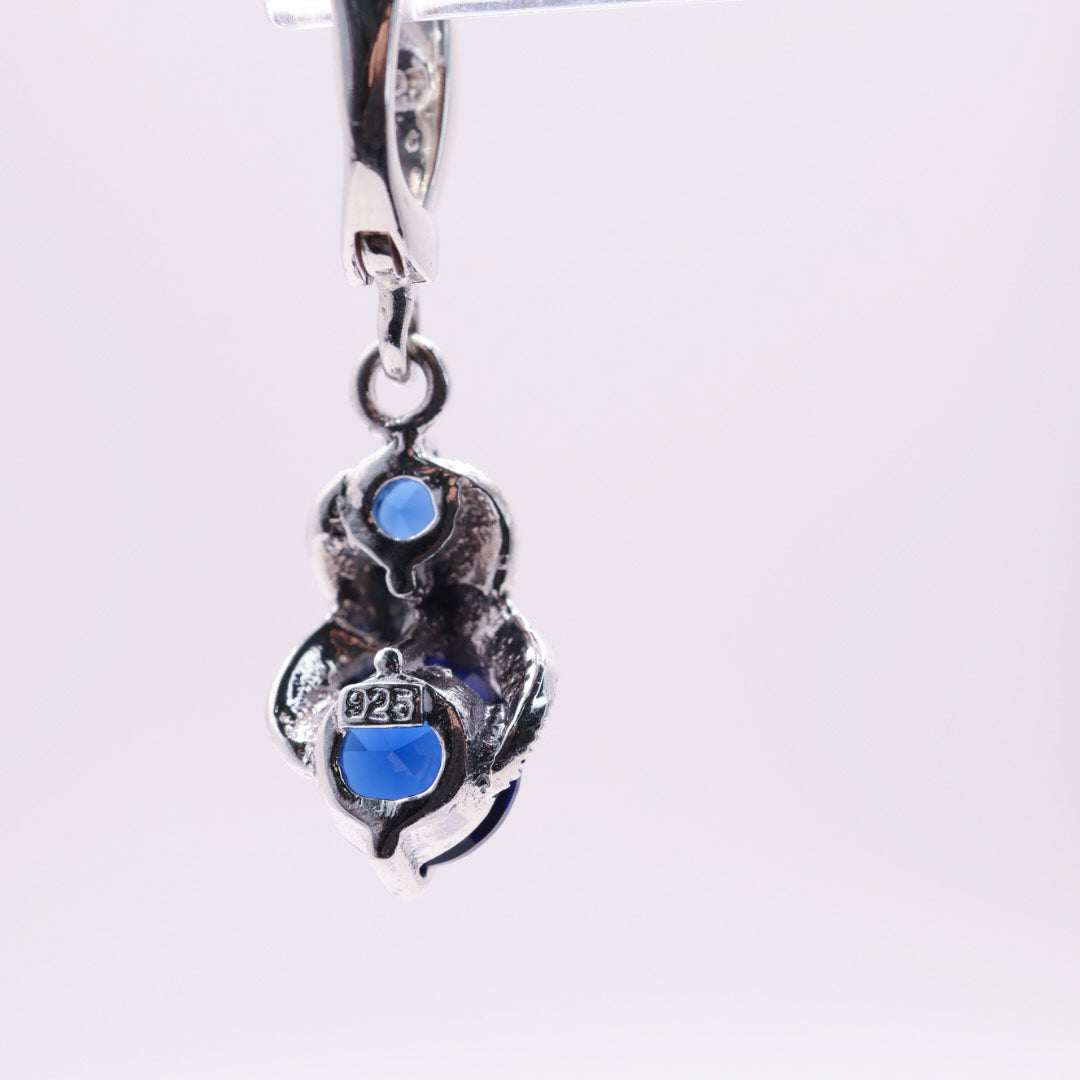 925 Sterling Silver Marcasite & Sapphire Blue Stud Earrings