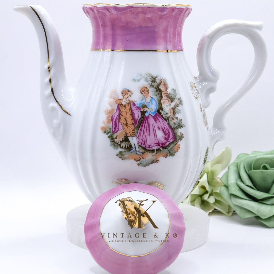 Vintage Pink & White Hand-Painted Porcelain Teapot with Gold Accents – Victorian