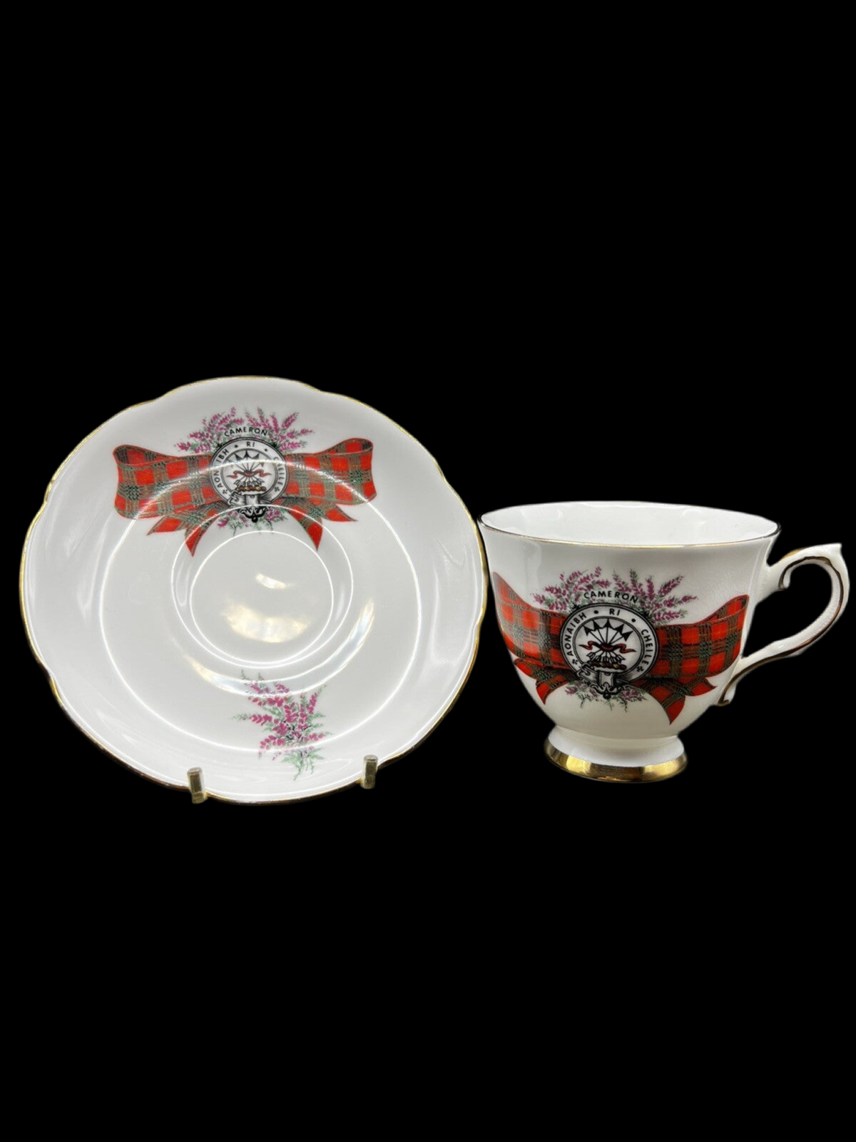 Royal Grafton Clan of Cameron Red and White Tartan Bone China Tea Cup and Saucer Set