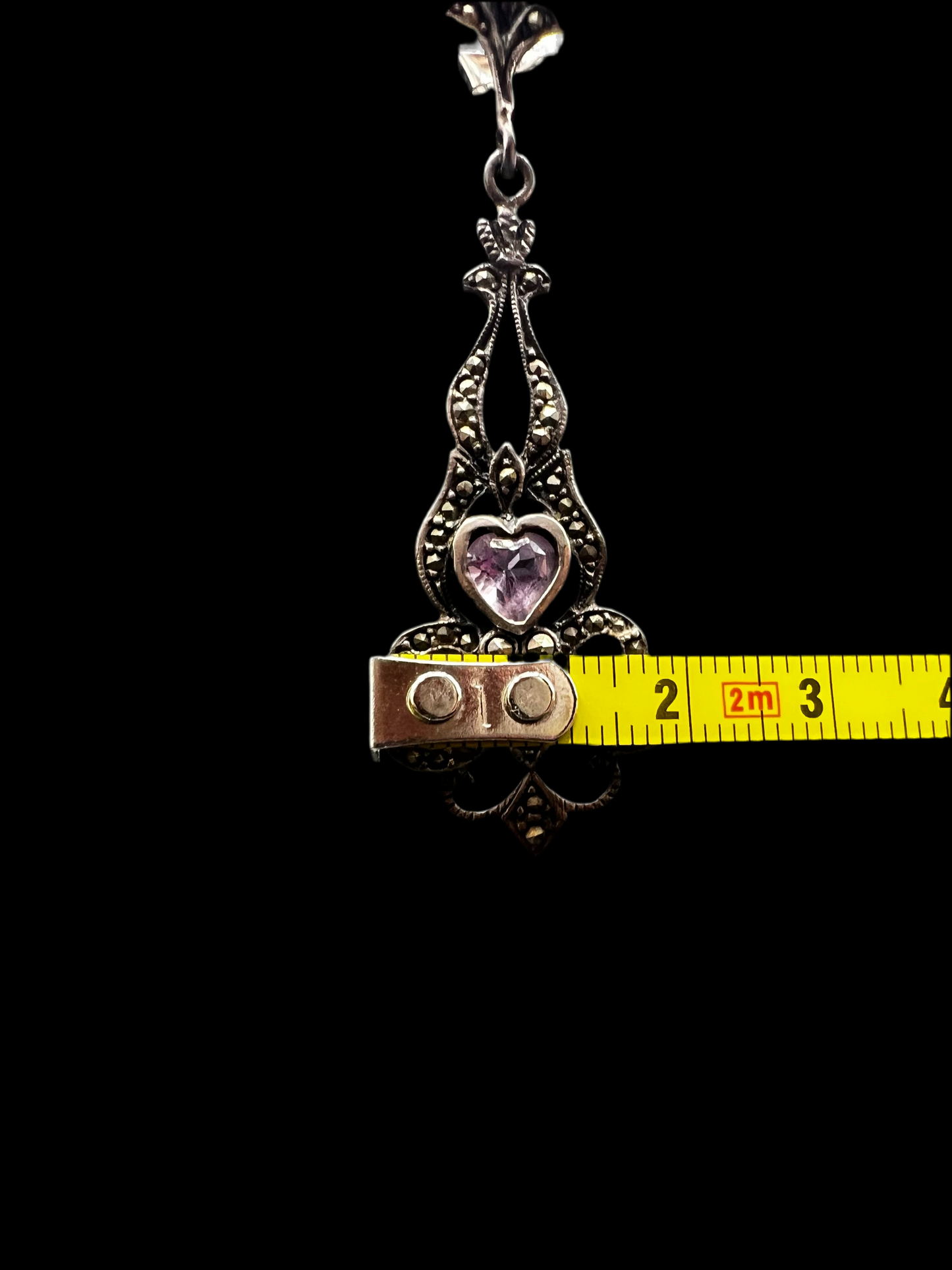 Vintage 925 Victorian Revival Marcasite & Heart Drop Earrings – Late 1990s