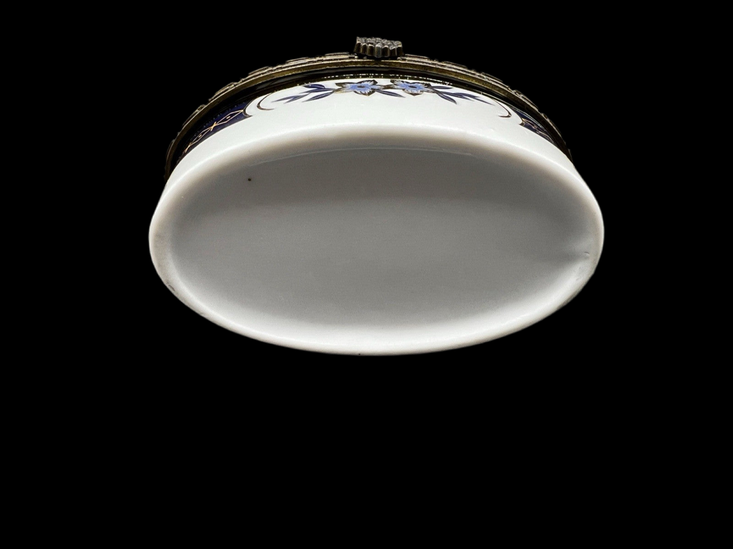 White Oval Porcelain Trinket Box with Blue Flowers and Gold Trim with Hinged Lid