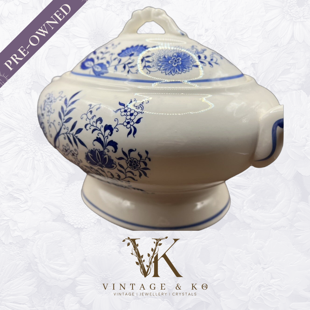 Vintage Floral Tureen Japanese Yanodento Glazed Blue & White with Large Ladle