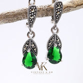 Emerald Green & Marcasite Drop Earrings | .925 Sterling Silver