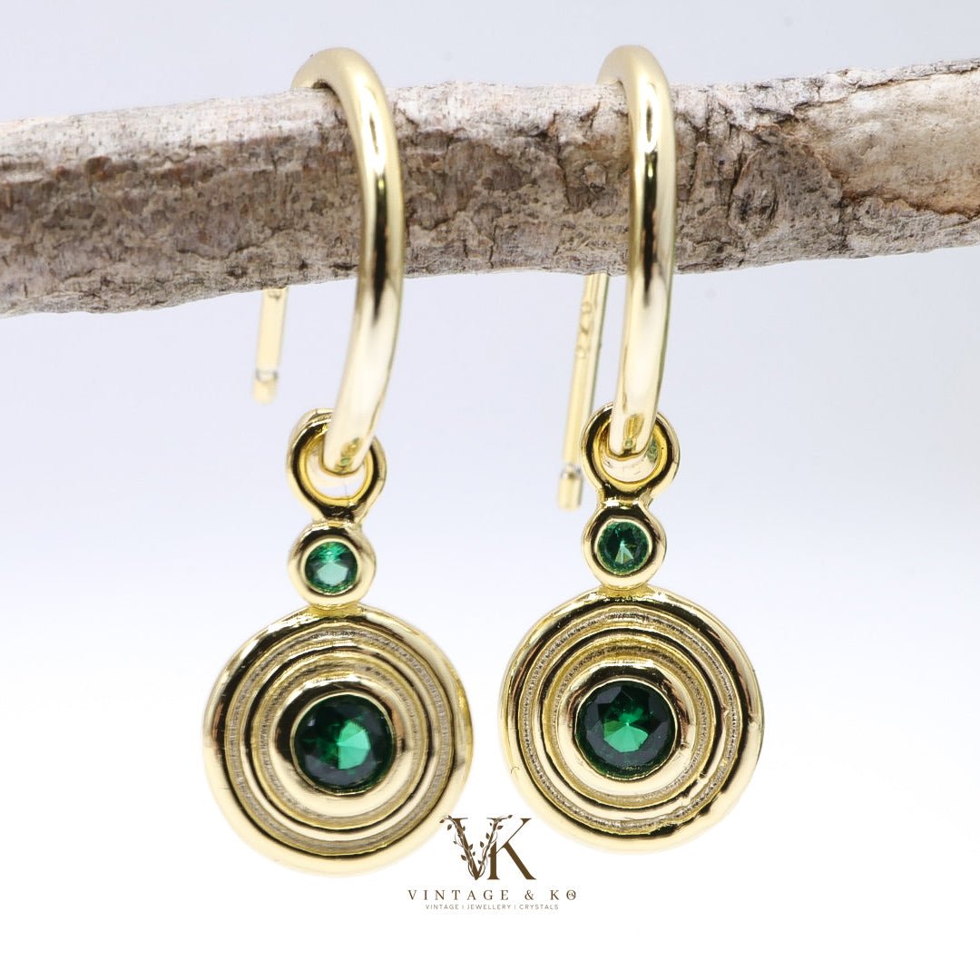 Gold - plated Emerald Green Retro Earrings | .925 Sterling Silver