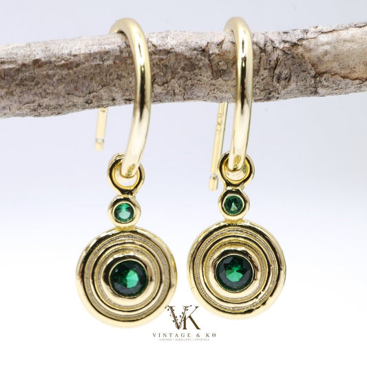 Gold - plated Emerald Green Retro Earrings | .925 Sterling Silver