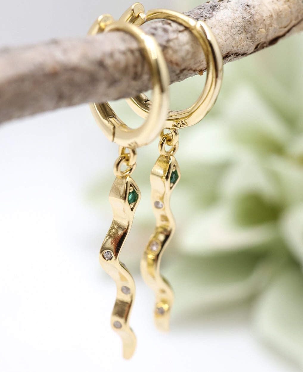 Green Eyed Snake Dangle Huggie Earrings | .925 Sterling Silver