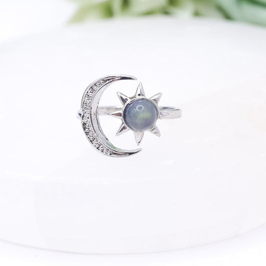 Labradorite Crystal Sun & Moon Adjustable Stainless Steel Ring