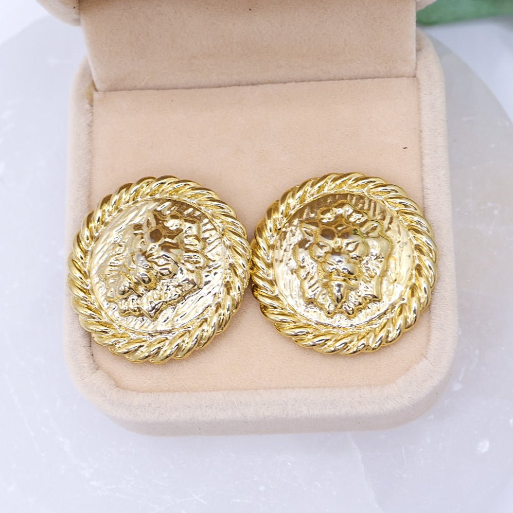 Large Lion Motif Stud Earrings | 10k Gold Plated