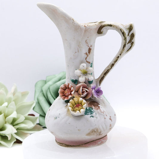 Pair of Floral Mini Bud Vases with Gold Trim And Handles