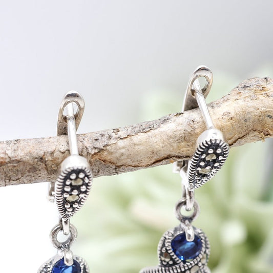 Sapphire Blue & Marcasite Earrings | .925 Sterling Silver