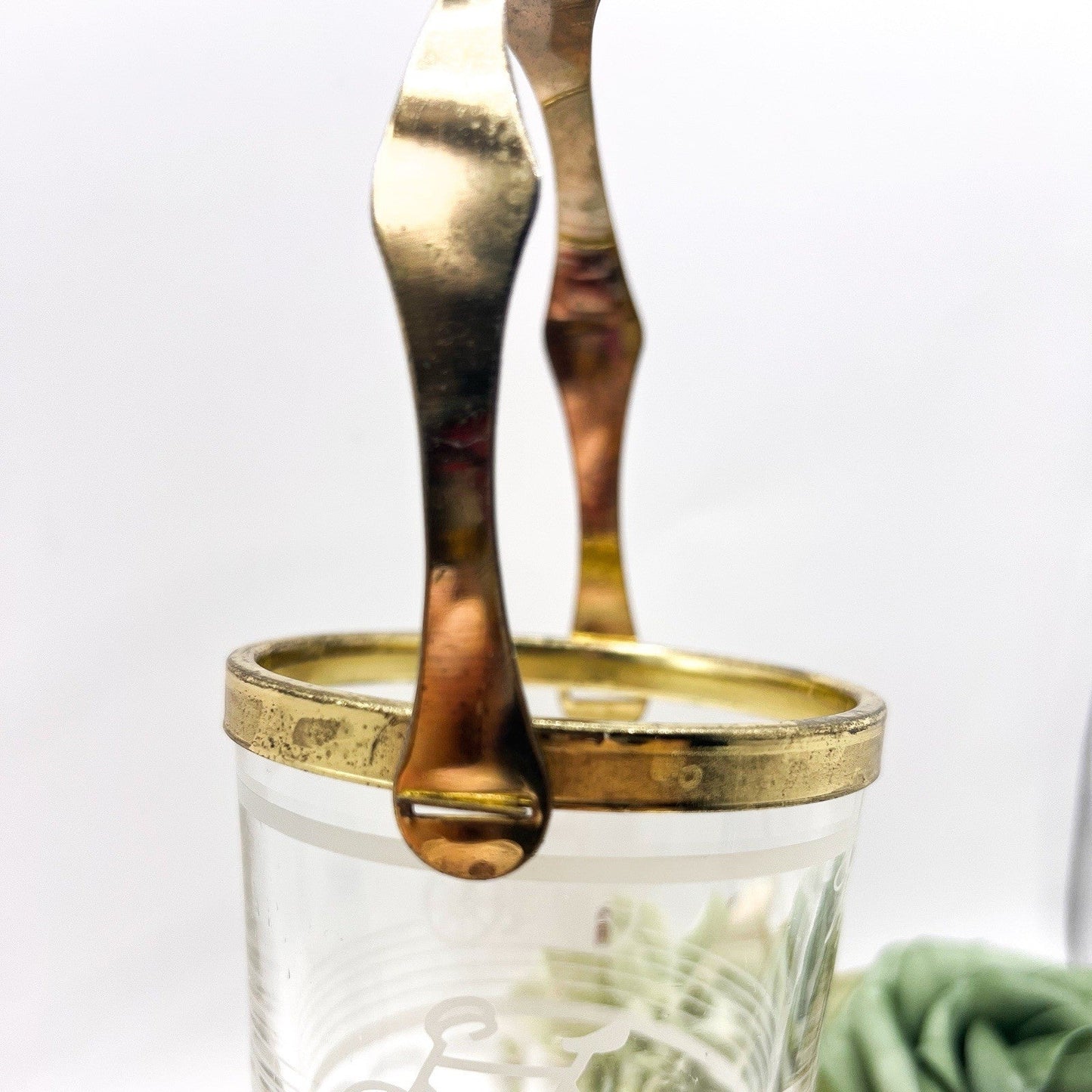 Small Valentini Glass Ice Bucket w/ Tongs & Handle Hand Cut Italian Design