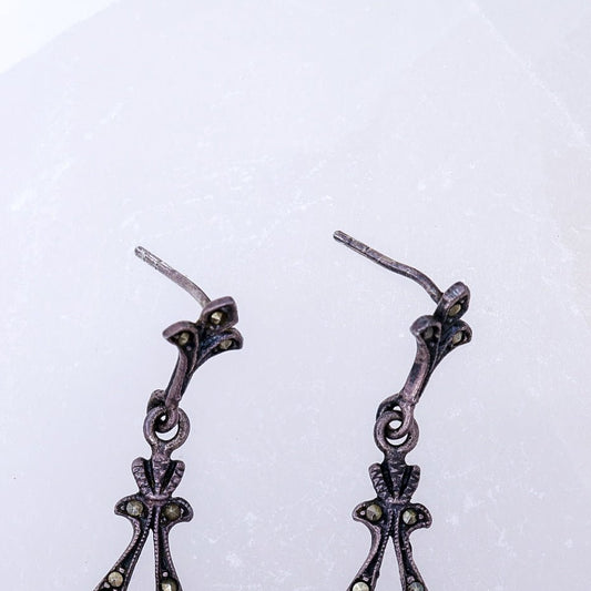 Vintage 925 Victorian Revival Marcasite & Heart Drop Earrings