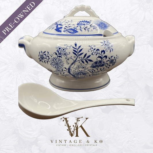 Vintage Floral Tureen Japanese Yanodento Glazed Blue & White with Large Ladle