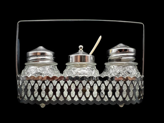 Vintage Glass Condiment Set Salt Pepper Sugar in Metal Caddy Stand Hong Kong
