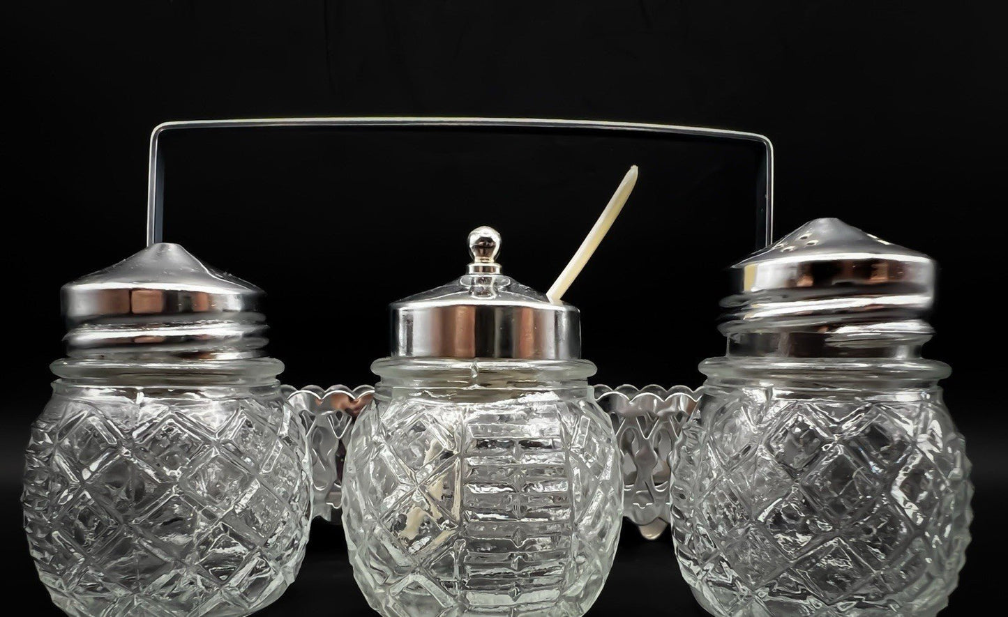 Vintage Glass Condiment Set Salt Pepper Sugar in Metal Caddy Stand Hong Kong