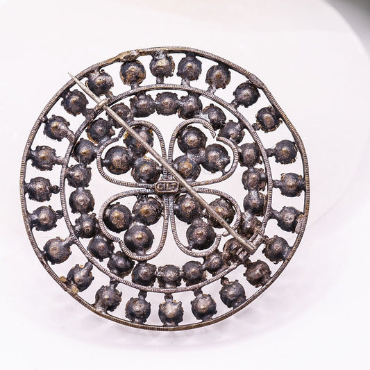 Vintage Round Clover Shaped Brooch With Clear Stones - Stamped Gilt