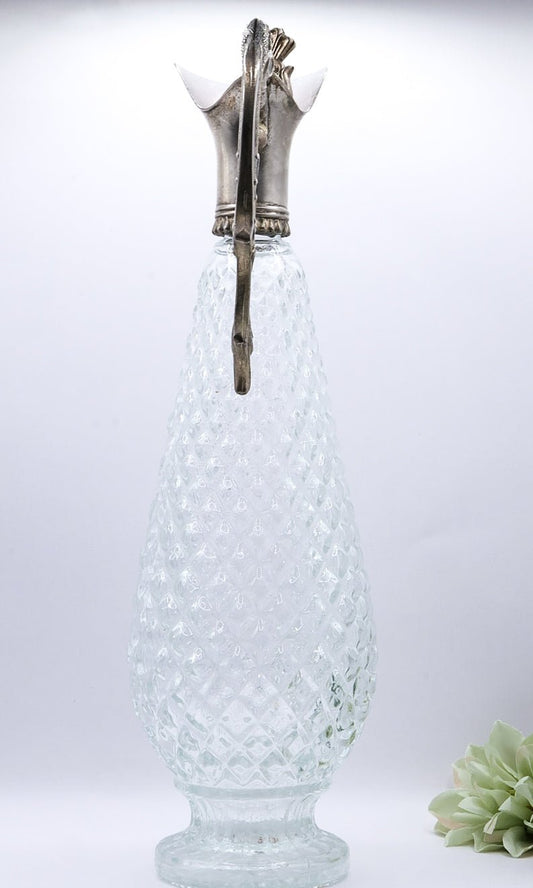 Vintage Silver Plated Italian Diamond Glass Wine Decanter - Elegant Bar Decor