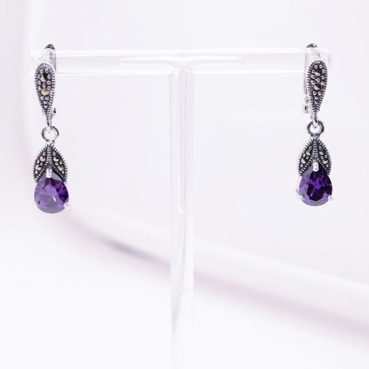 925 Sterling Silver Marcasite Purple Drop Stud Earrings