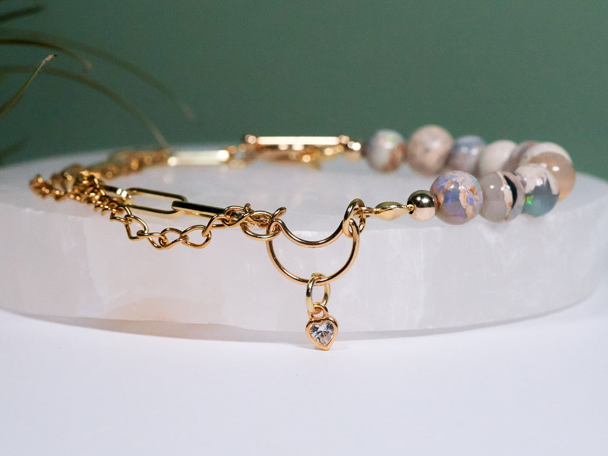Whimsical Gold Australian Opal Paperclip Beaded Crystal Bracelet
