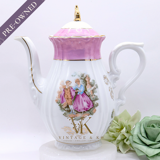 Vintage Pink & White Hand-Painted Porcelain Teapot with Gold Accents – Victorian