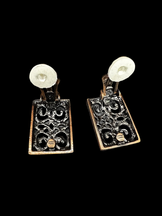 Vintage Celtic Clip on Copper Tone Earrings, Rectangle Old Fashion Jewellery