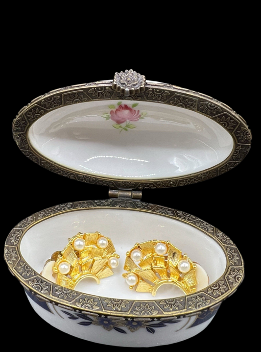 White Oval Porcelain Trinket Box with Blue Flowers and Gold Trim with Hinged Lid