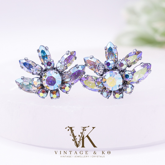 Vintage Purple & Blue Rhinestone Clip-On Earrings