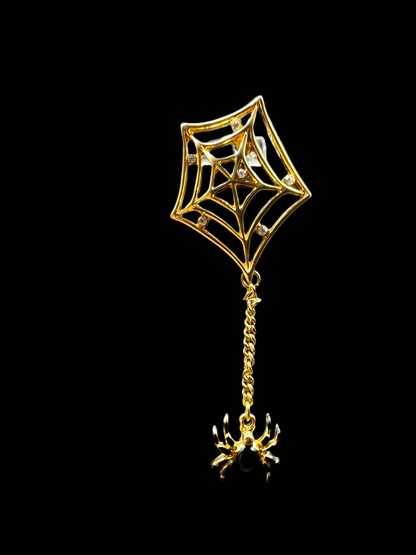 Gold and Black Spiderweb Brooch with Dangling Spider