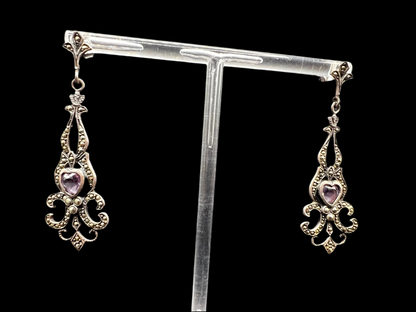 Vintage 925 Victorian Revival Marcasite & Heart Drop Earrings – Late 1990s