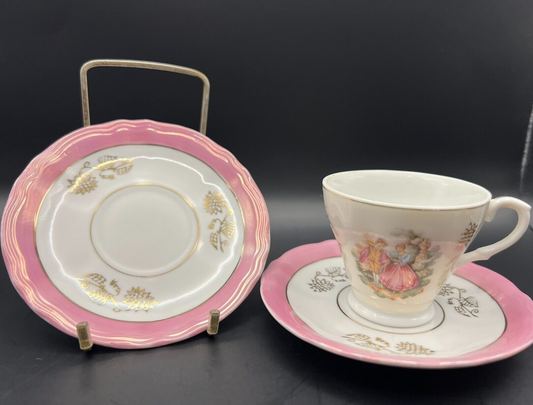Set of 2 Japanese Victorian Pink & White Tea Cups and Saucers with Gold Trim