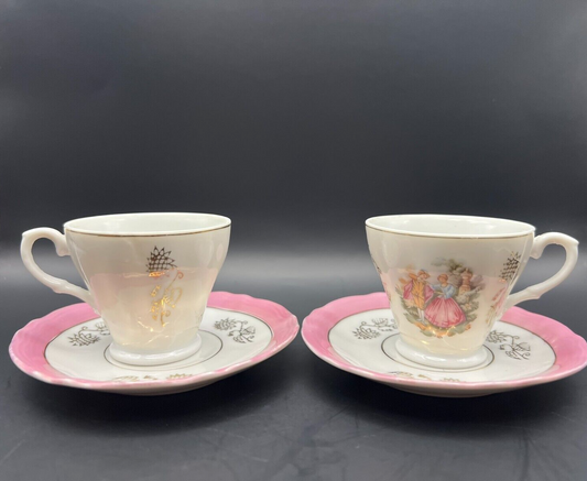 Set of 2 Japanese Victorian Pink & White Tea Cups and Saucers with Gold Trim