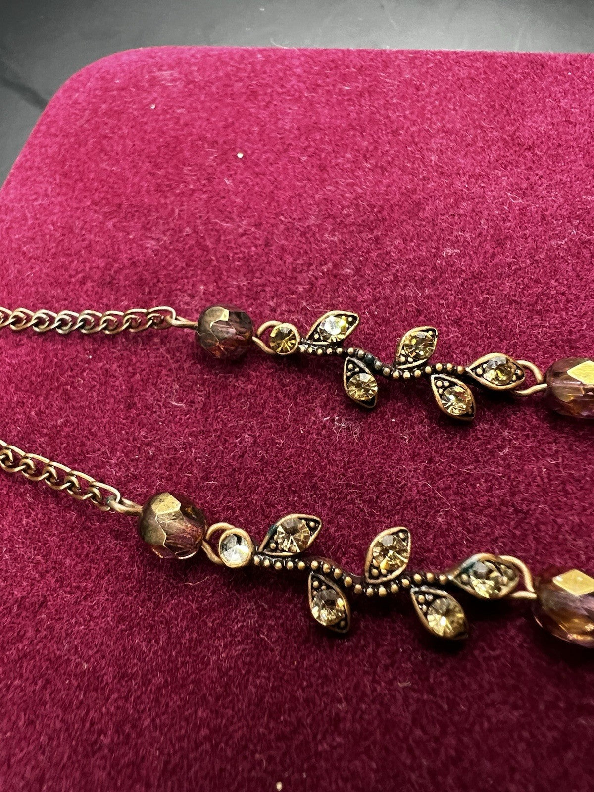 Rare Austrian Crystal Vintage Y-drop Necklace & Box, Bronze Coloured Jewellery