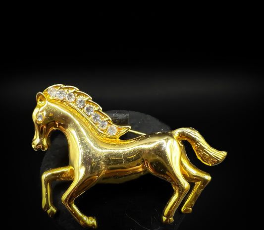 14kt Yellow Gold Plated Horse Brooch with Clear Stones 14g, Equestrian Jewellery