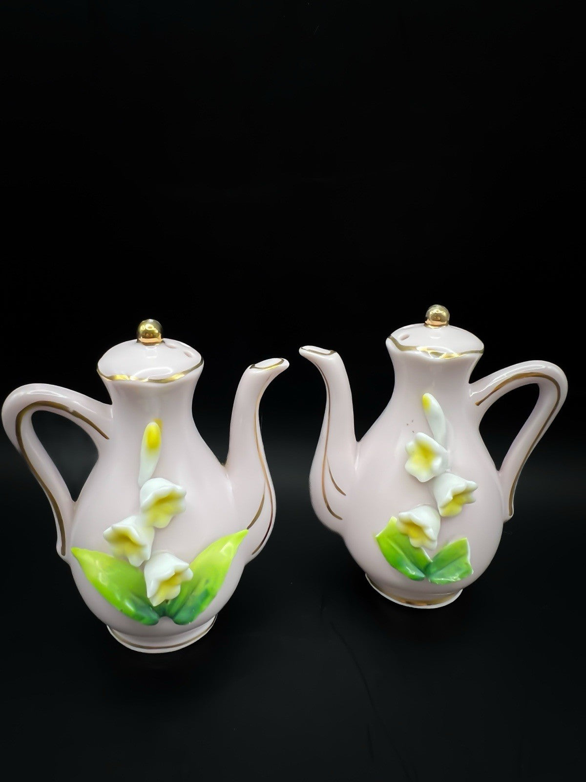 Vintage Japanese Pink Gold Trimmed Tea Pot Salt Pepper Shakers Floral Porcelain